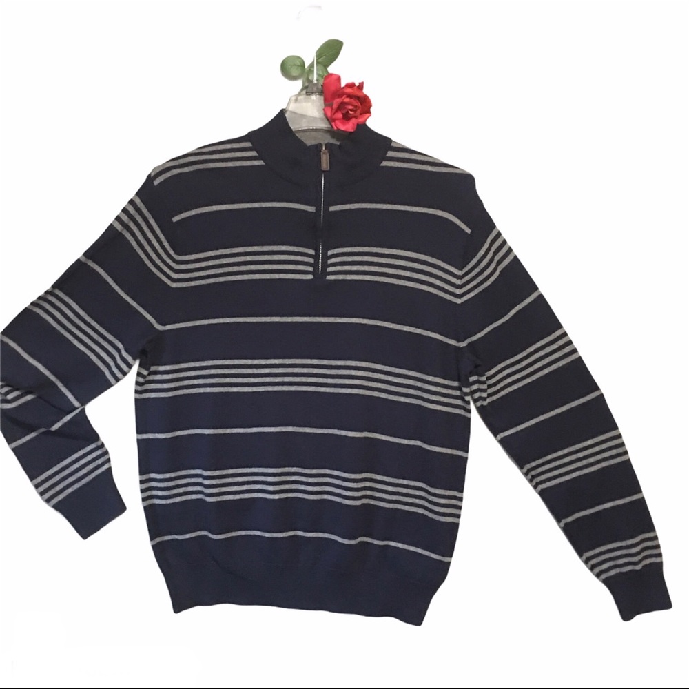 CHAPS Ralph Lauren KNIT 1/4 ZIP SWEATER NAVY BLUE & GRAY SZ LG